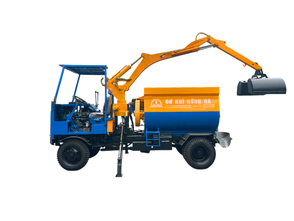 Máy trộn bê tông tự cấp liệu bồn ngang 21 bao 2 cầu động cơ 4 máy