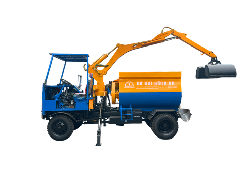 Máy trộn bê tông tự cấp liệu bồn ngang 21 bao 2 cầu động cơ 4 máy