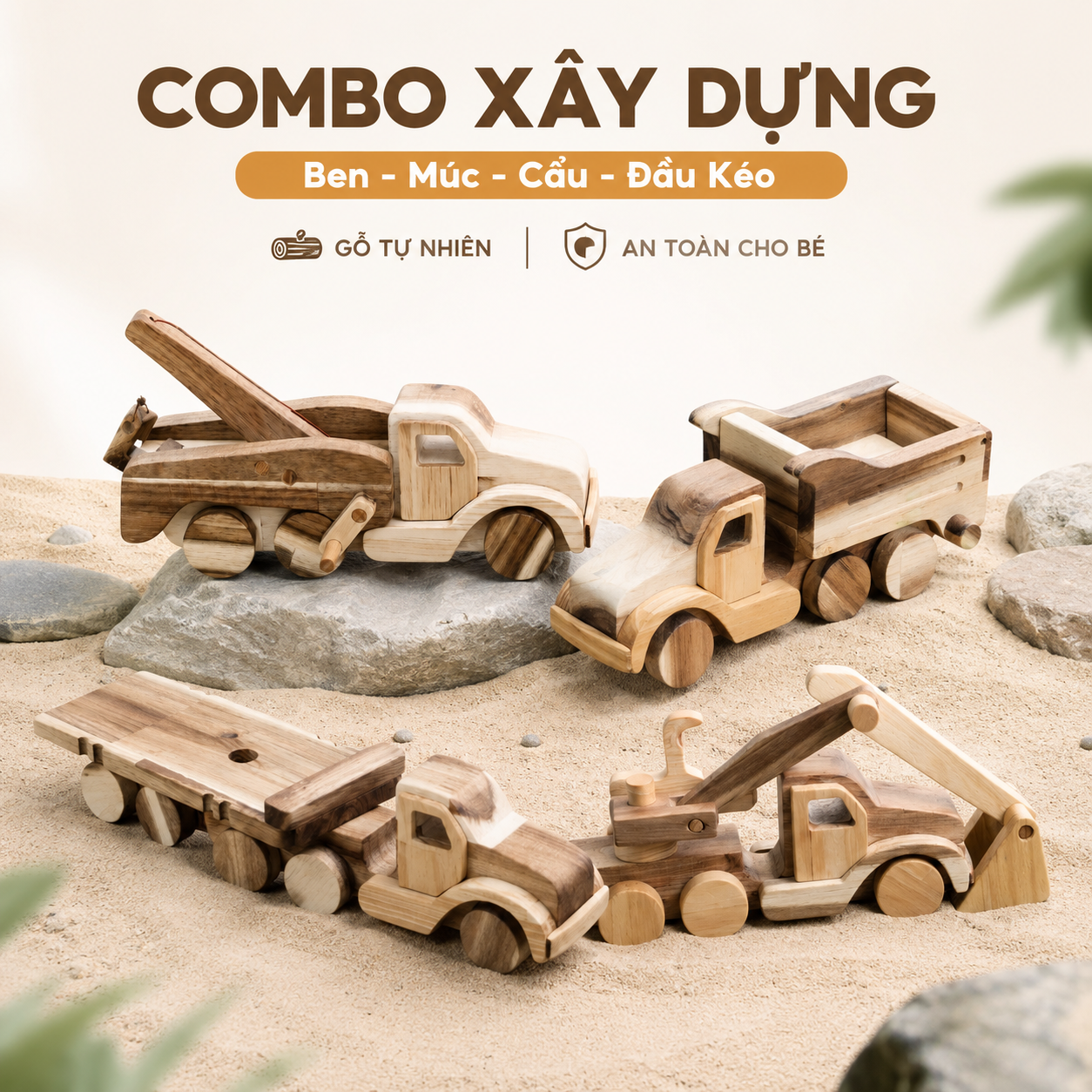 Combo 4 Xe Công Trình - Đồ Chơi Gỗ Trẻ Em Chàng Trai Gỗ
