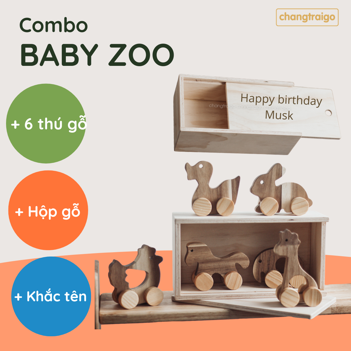 Bộ thú BABY ZOO, kèm hộp gỗ đồ chơi Chàng Trai Gỗ