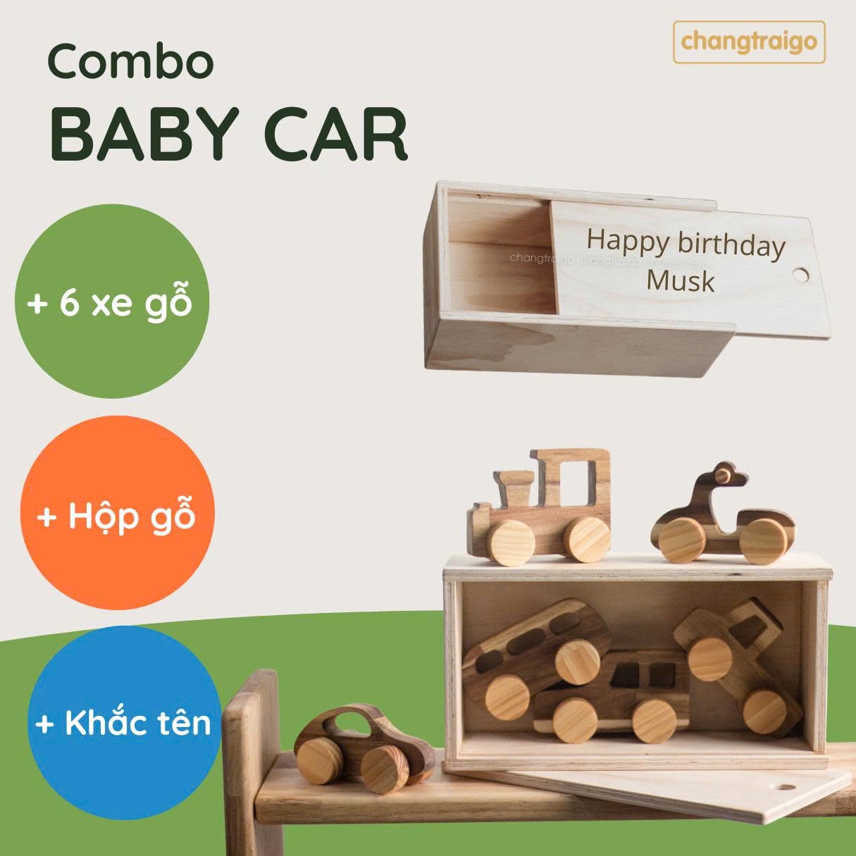 Bộ phương tiện Baby Car, kèm hộp gỗ Chàng Trai Gỗ