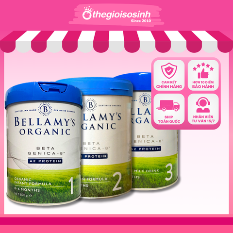 Dòng sữa hữu cơ Bellamy's Organic A2 Protein các số 1, 2, 3 hộp 800g nhập khẩu từ Úc, dành cho bé.