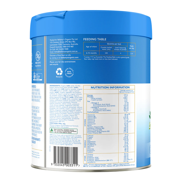 Sữa Bellamy’s Organic Guard Lactoferrin Số 2 Follow-On Formula 800g Úc