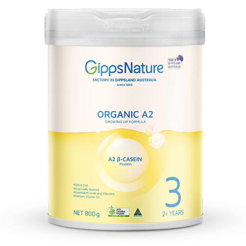 Hộp sữa GippsNature Organic A2 Số 3 800g, đạm A2 hữu cơ chuẩn Úc cho bé trên 2 tuổi.