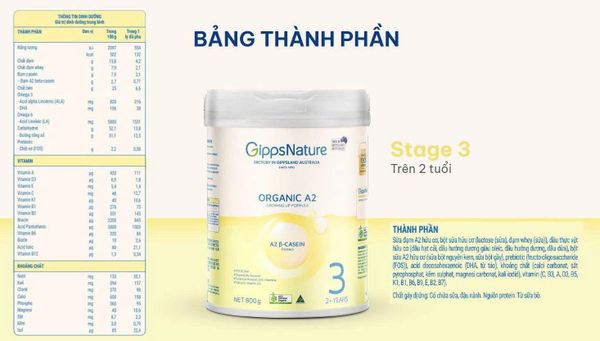 Sữa GippsNature Organic A2 Số 3 (2+ tuổi) - Đạm A2 Hữu Cơ Chuẩn Úc 800g