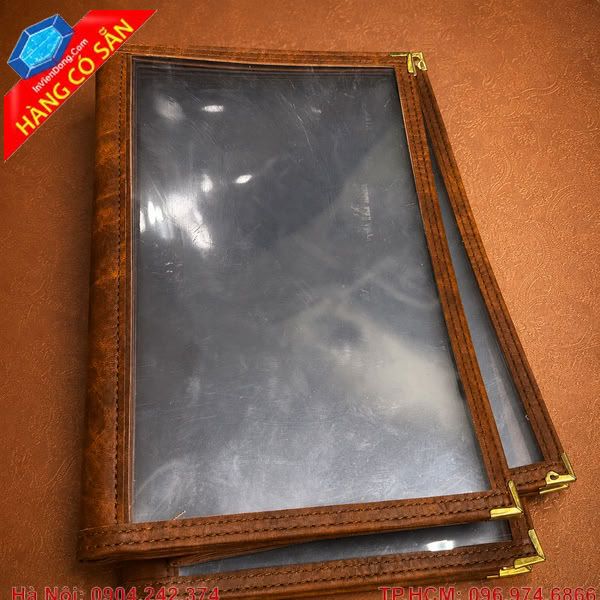 Menu bìa da trong suốt cao cấp màu nâu sang trọng