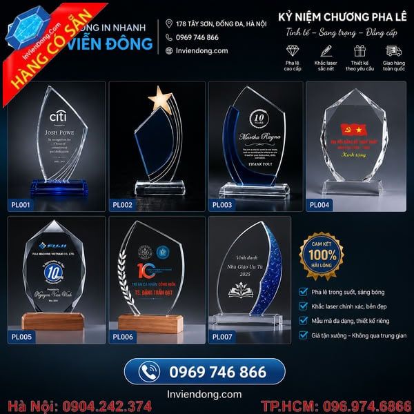 Cúp pha lê vinh danh trong suốt, thiết kế sang trọng, khắc laser sắc nét dành cho lễ trao giải và khen thưởng.