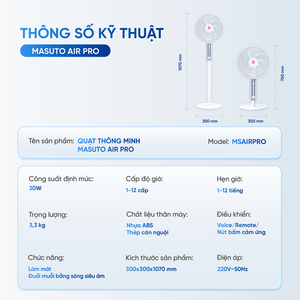 Quạt thông minh Masuto Air Pro cánh lớn 28cm – Điều khiển giọng nói Tiếng Việt, động cơ BLDC tiết kiệm điện
