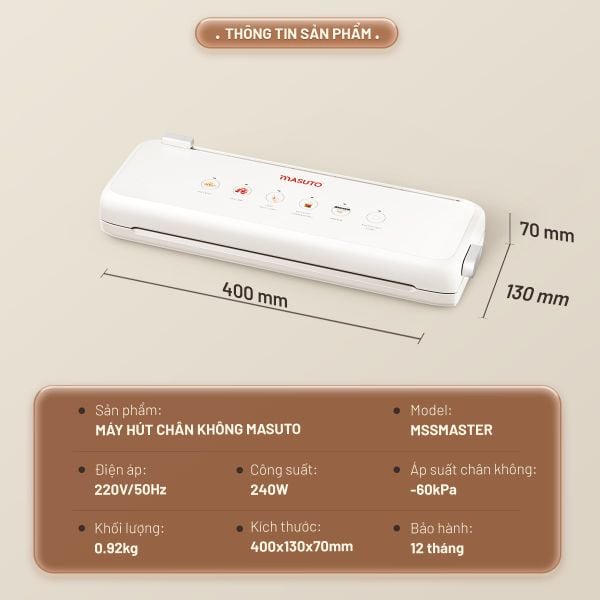 Máy hút chân không Masuto MSSMASTER - Công suất lớn 240W, Lực hút -60kPa, Đường hàn kép