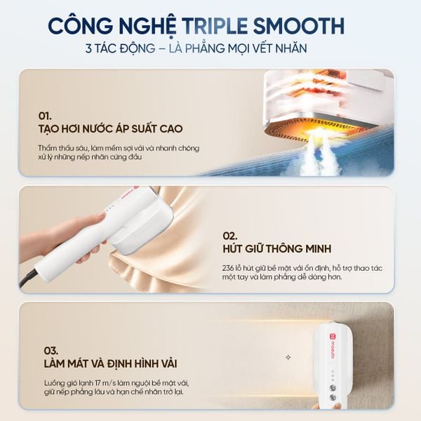 Bàn ủi tự động hút vải Masuto MSAEROSTEAM | Công nghệ Triple Smooth - Là phẳng mọi nếp nhăn