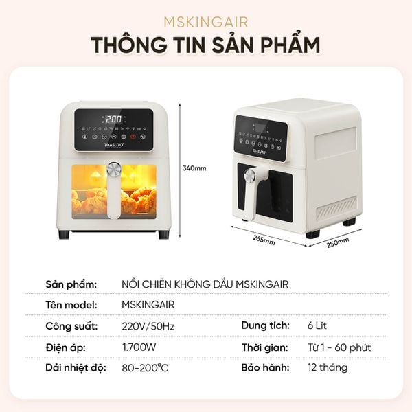 Nồi chiên không dầu Masuto MSKingAir - Dung tích 6L - 2 tầng đốt không cần trở lật - Phiên bản mới 2026