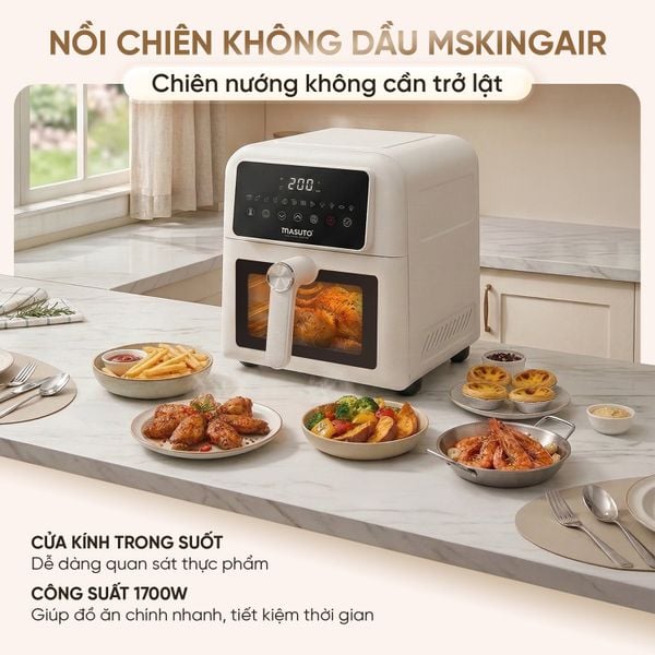 Nồi chiên không dầu Masuto MSKingAir - Dung tích 6L - 2 tầng đốt không cần trở lật - Phiên bản mới 2026