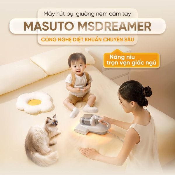 [HÀNG ĐẶT TRƯỚC - GIẢM THÊM 200K] Máy hút bụi giường nệm cầm tay Masuto Dreamer - UV diệt khuẩn, 2 buồng lọc bụi Cyclone Hepa, lực hút mạnh 13000Pa