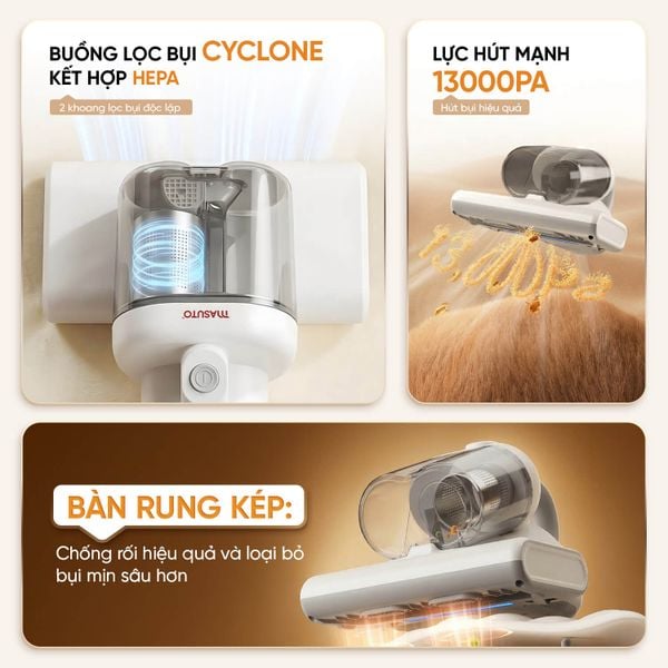 [HÀNG ĐẶT TRƯỚC - GIẢM THÊM 200K] Máy hút bụi giường nệm cầm tay Masuto Dreamer - UV diệt khuẩn, 2 buồng lọc bụi Cyclone Hepa, lực hút mạnh 13000Pa