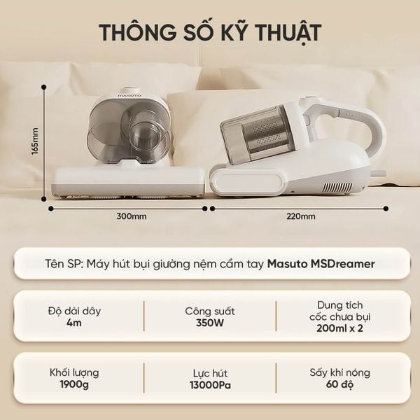 [HÀNG ĐẶT TRƯỚC - GIẢM THÊM 200K] Máy hút bụi giường nệm cầm tay Masuto Dreamer - UV diệt khuẩn, 2 buồng lọc bụi Cyclone Hepa, lực hút mạnh 13000Pa