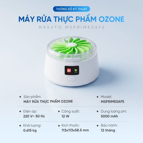 Máy rửa thực phẩm Masuto Prime Safe công nghệ ozone - Khử khuẩn đến 99,9%, chuẩn chống nước IPX8