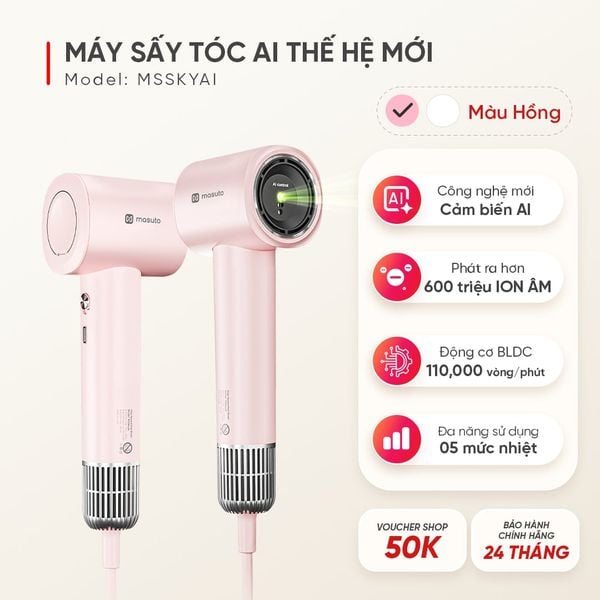 Máy sấy tóc ion âm Masuto SkyAI, cảm biến AI tự động điều chỉnh nhiệt độ bảo vệ da đầu tối ưu, giảm rụng tóc và khô xơ