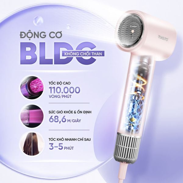 Máy sấy tóc ion âm Masuto SkyAI, cảm biến AI tự động điều chỉnh nhiệt độ bảo vệ da đầu tối ưu, giảm rụng tóc và khô xơ