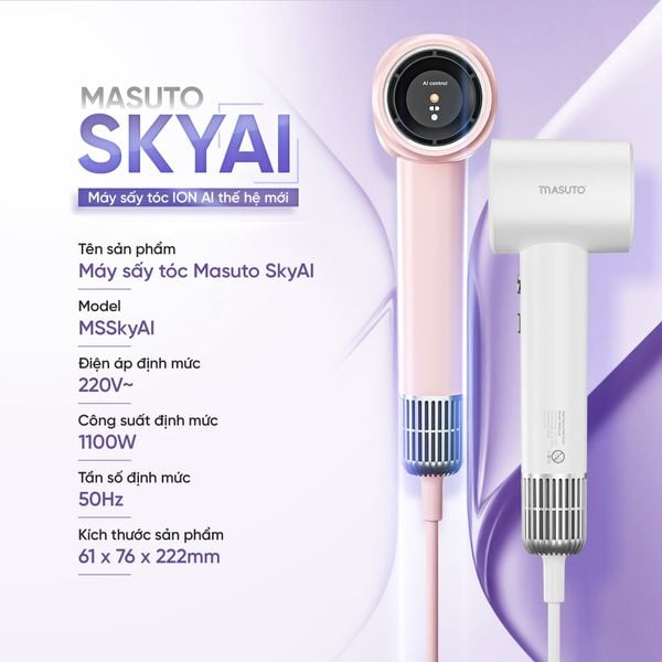 Máy sấy tóc ion âm Masuto SkyAI, cảm biến AI tự động điều chỉnh nhiệt độ bảo vệ da đầu tối ưu, giảm rụng tóc và khô xơ