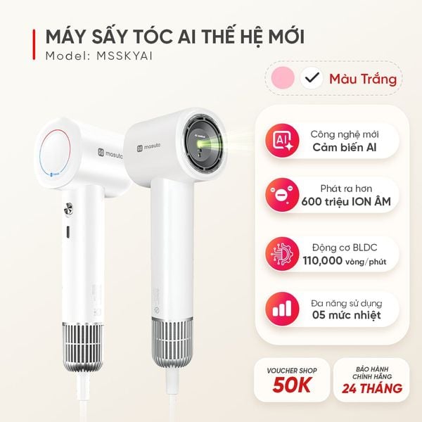Máy sấy tóc ion âm Masuto SkyAI, cảm biến AI tự động điều chỉnh nhiệt độ bảo vệ da đầu tối ưu, giảm rụng tóc và khô xơ