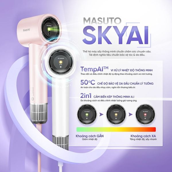 Máy sấy tóc ion âm Masuto SkyAI, cảm biến AI tự động điều chỉnh nhiệt độ bảo vệ da đầu tối ưu, giảm rụng tóc và khô xơ