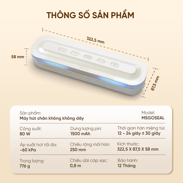 Máy hút chân không di động Masuto MSGOSEAL-Lực hút -60kPa hút nhanh chóng-Khử khuẩn UV