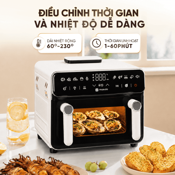 Nồi chiên không dầu Masuto PrimeAir 12L - Công suất 2200W- Chiên nướng không cần trở lật