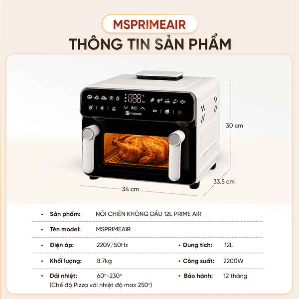 Nồi chiên không dầu Masuto PrimeAir 12L - Công suất 2200W- Chiên nướng không cần trở lật