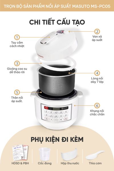 Nồi cơm áp suất 5L Masuto MSPC05 - 10 chức năng nấu, chế độ nấu mở nắp riêng biệt