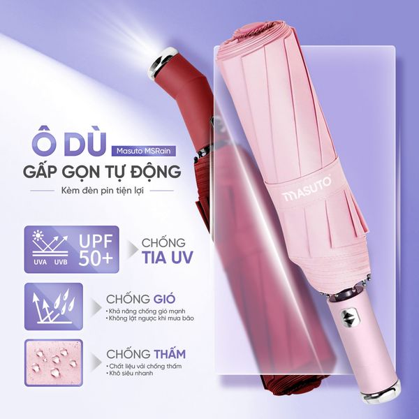 Ô dù gấp gọn đi mưa, che nắng chống tia UV kèm đèn pin tiện lợi
