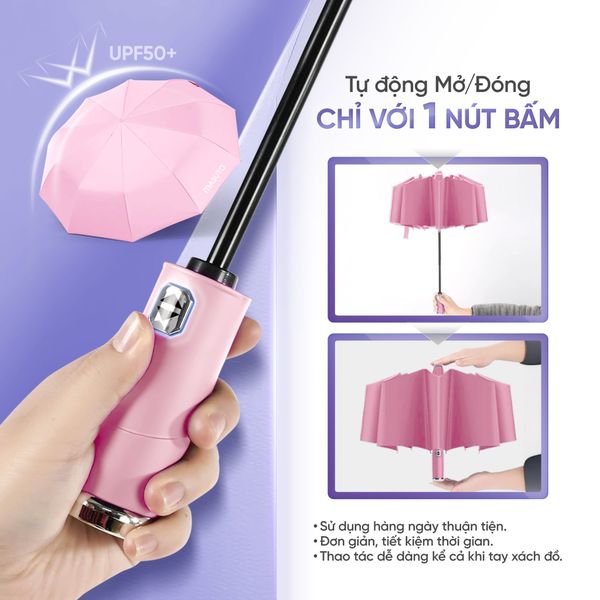 Ô dù gấp gọn đi mưa, che nắng chống tia UV kèm đèn pin tiện lợi