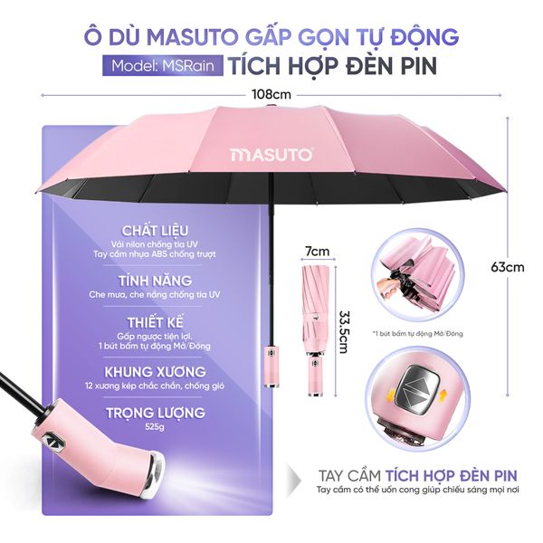 Ô dù gấp gọn đi mưa, che nắng chống tia UV kèm đèn pin tiện lợi