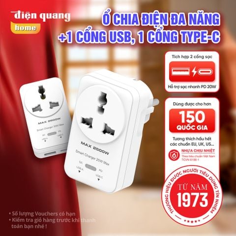 Ổ cắm ĐQ EQS 1W 2U FC (1 lỗ 3 chấu, 1A 1C, sạc nhanh, màu trắng)