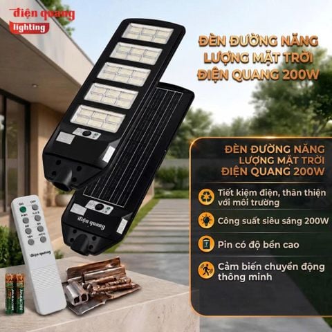 Bộ Đèn Đường Led Solar Năng Lượng Mặt Trời Cảm Biến Ánh Sáng Trắng ECO 200W SCD02 6500K (2300lm, cảm biến PIR, IP65, tấm pin tích hợp)