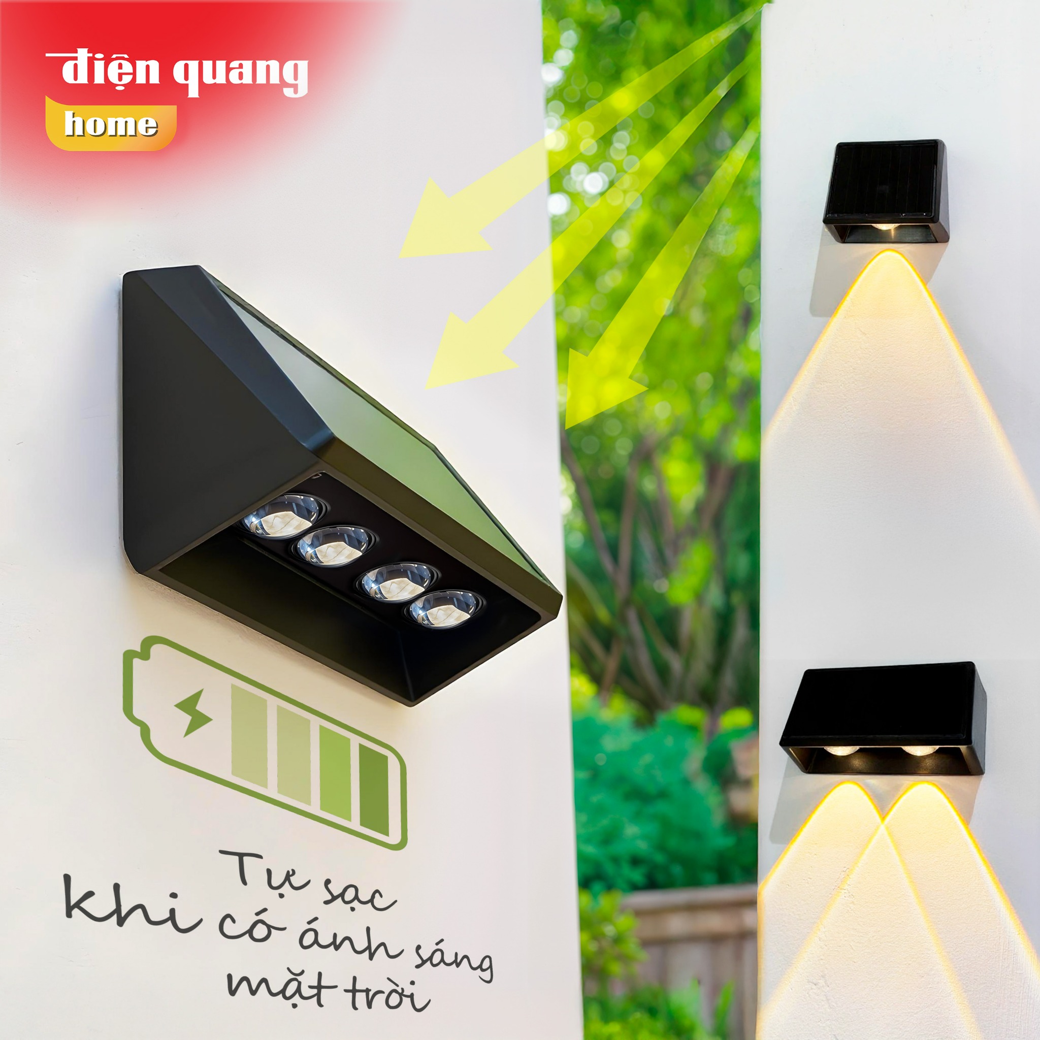 SẢN PHẨM MỚI Đèn LED hắt tường năng lượng mặt trời Điện Quang, chống thấm, đổi màu