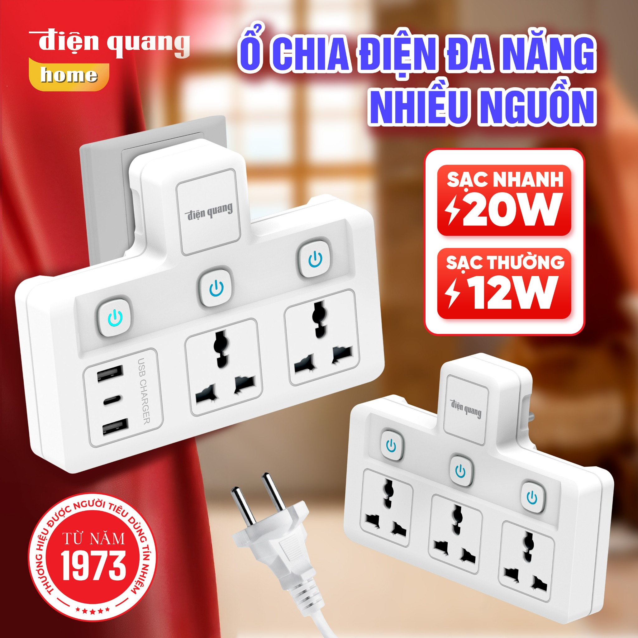 Ổ cắm chia điện Điện Quang Công Suất 2500W Tích Hợp Cổng USB &TypeC Sạc Nhanh 20W