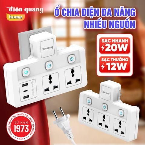 Ổ cắm chia điện Điện Quang Công Suất 2500W Tích Hợp Cổng USB &TypeC Sạc Nhanh 20W/ Sạc thường 12W