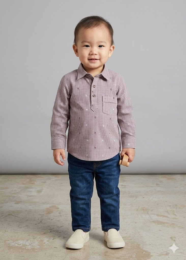  Áo sơmi bé trai tay dài caro thêu linen - AST068 