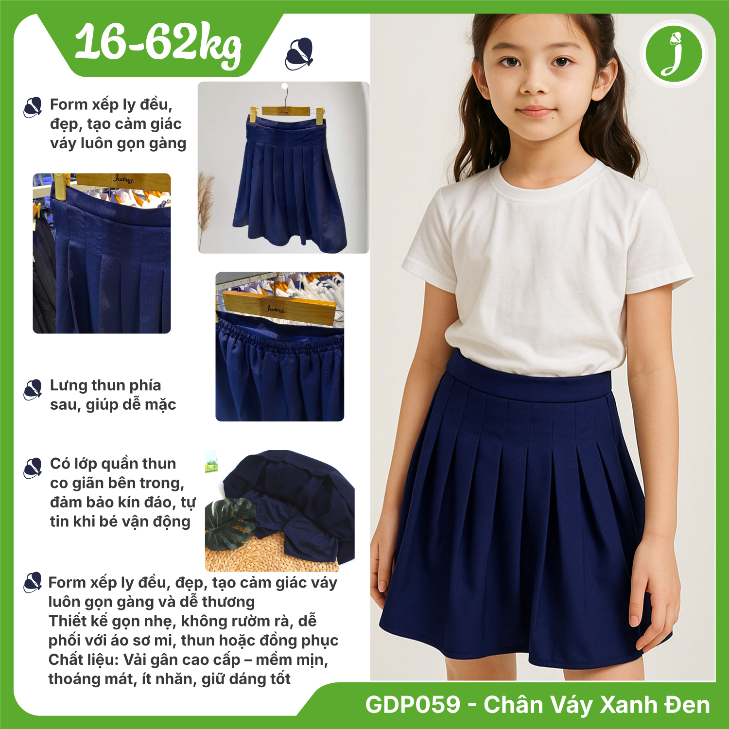 Chân váy học sinh nữ xếp ly gân cao cấp Jadiny GDP059
