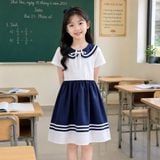  Đầm cổ xanh thắt nơ váy viền váy trắng GDP068 