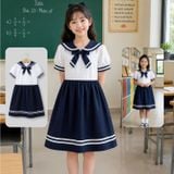  Đầm Học Sinh Bé Gái Cổ Thủy Thủ Thắt Nơ Xanh Navy GDP069 