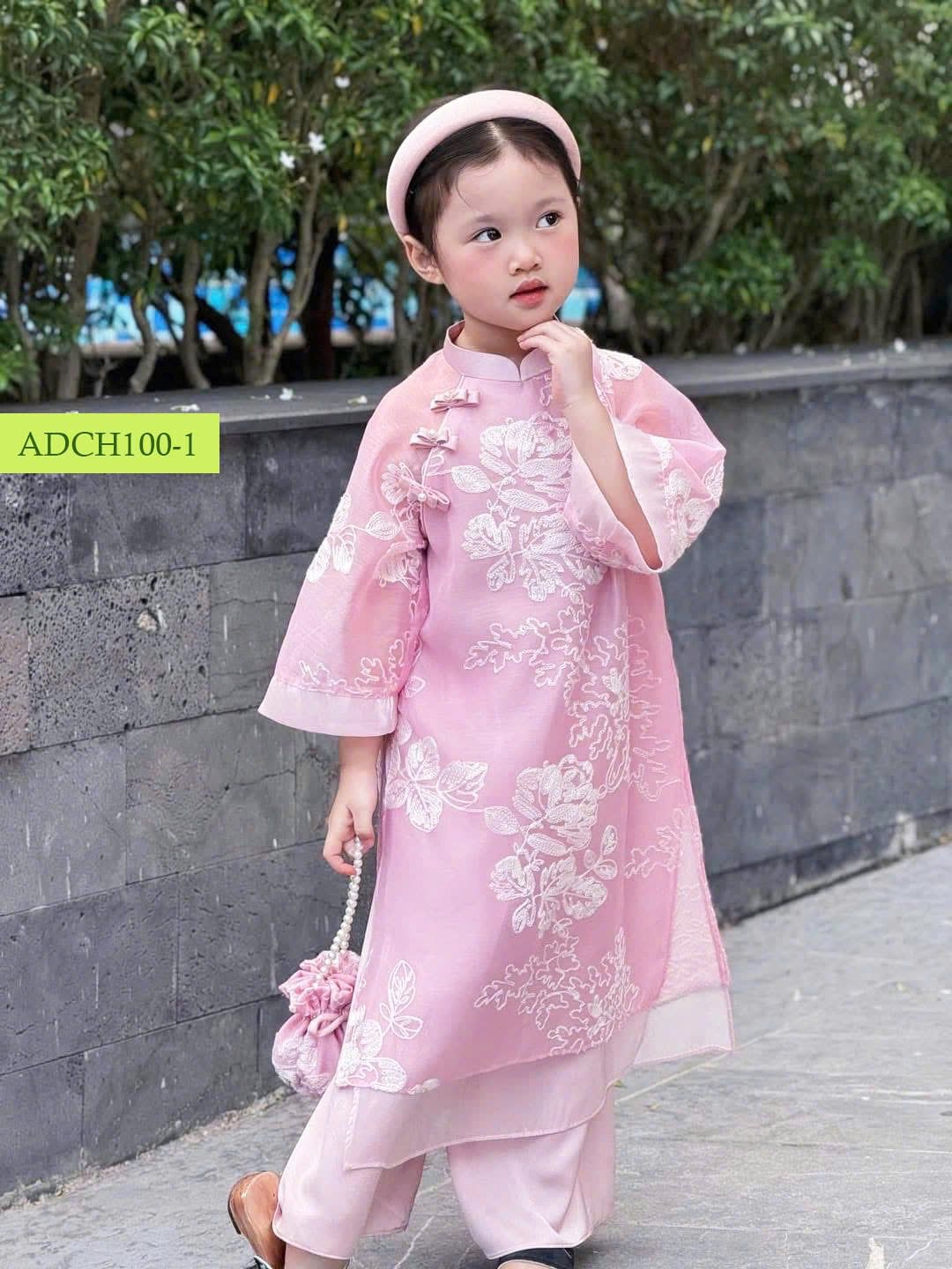  OAD069 Áo dài tơ hồng thêu hoa trắng ADCH100-1 