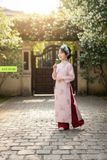  OAD073 Áo dài bé gái tơ thêu ngôi nhà hồng ADCH140 