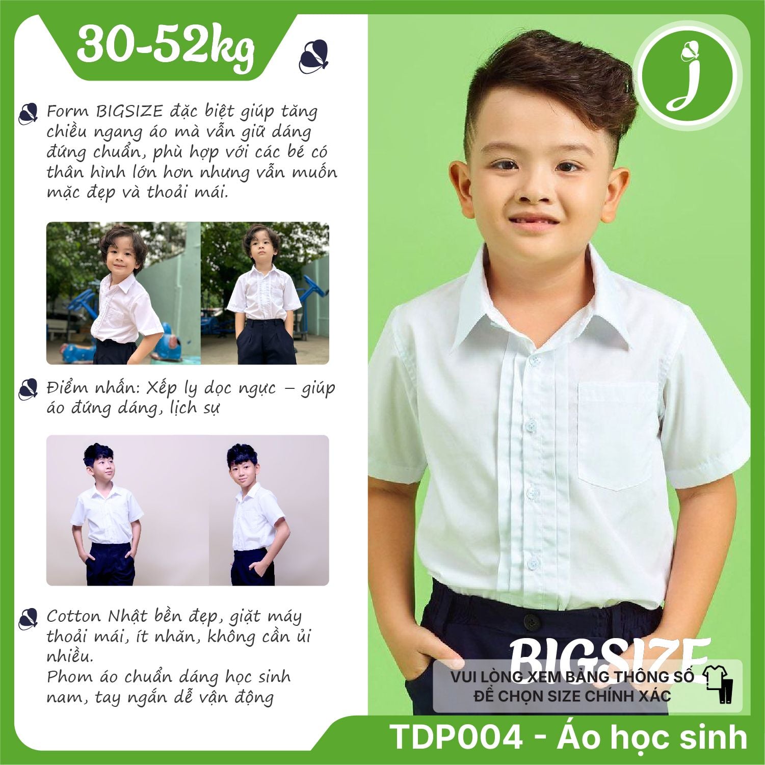Áo sơmi tay ngắn học sinh xếp li big size vải cotton mềm mại, thấm hút mồ hôi tốt - TDP004