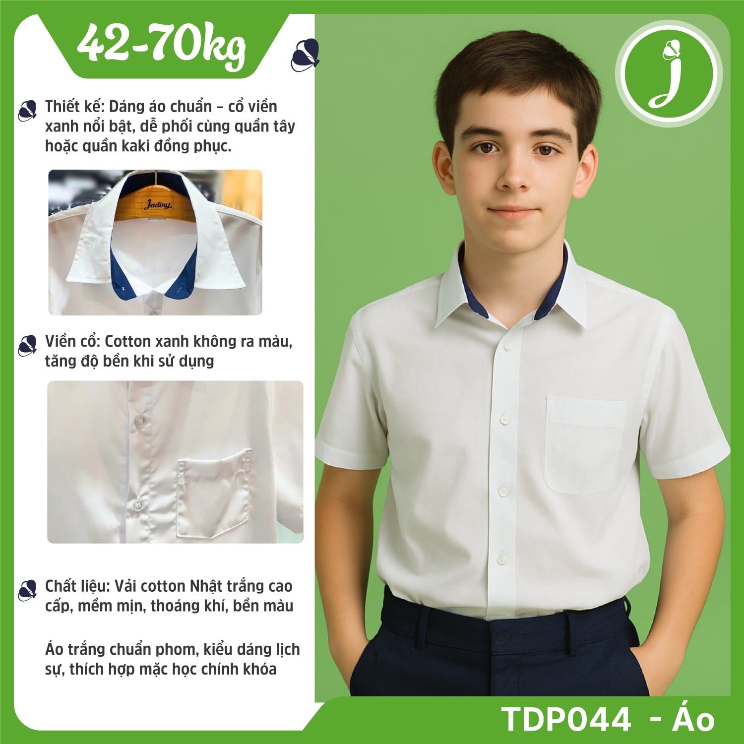 Áo sơ mi học sinh nam viền cổ xanh cấp 2, cấp 3 Jadiny TDP044