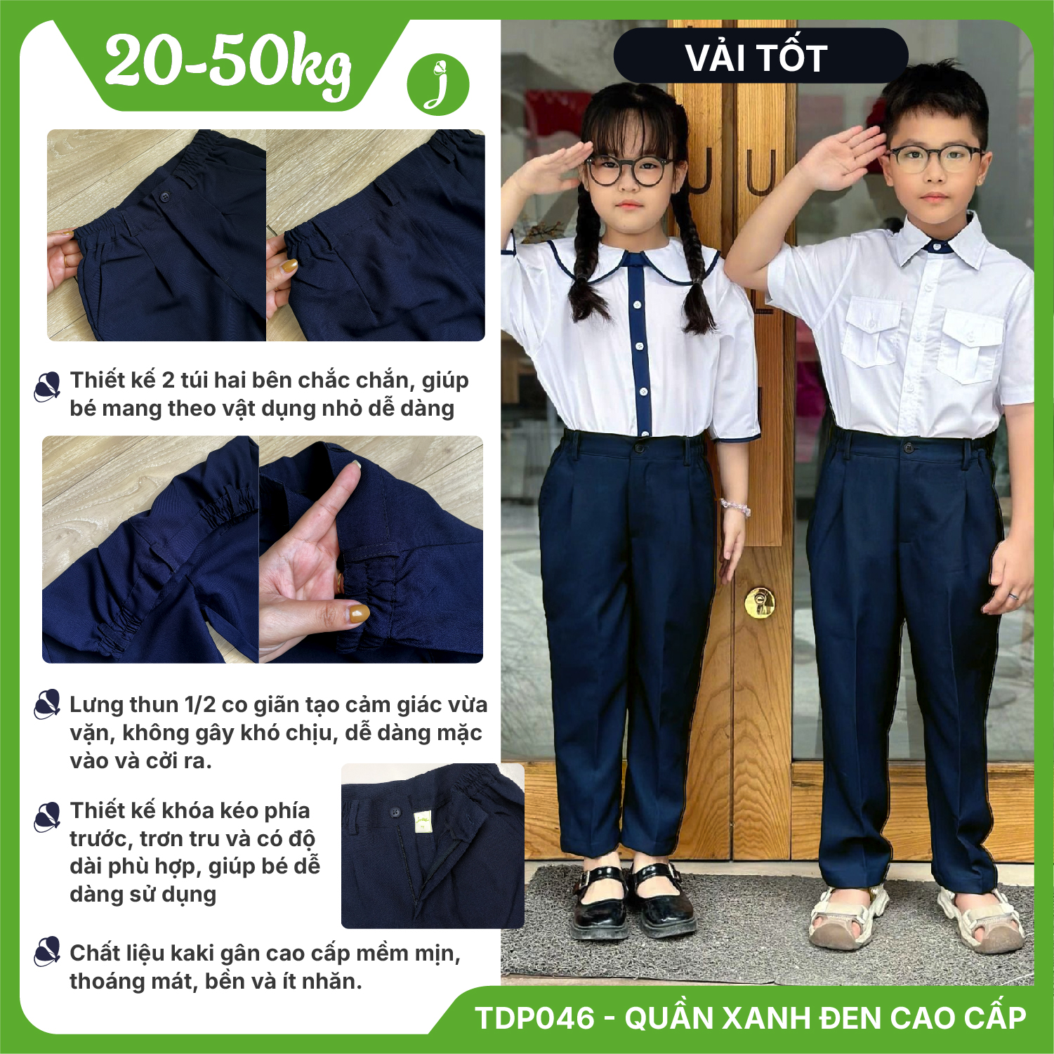 Quần dài kaki xanh đen cao cấp lưng thun phối dây kéo TDP046