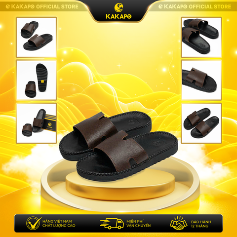 Dép nam quai ngang da bò thật KAKAPO DB001 Quai Nâu - Hộp đựng cao cấp kèm Bảo hành 12 tháng