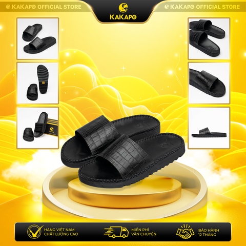 Dép nam quai ngang da bò thật chống trượt KAKAPO DB003 Quai Đen Vằn, - Kèm Hộp đựng cao cấp, Bảo hành 12 tháng