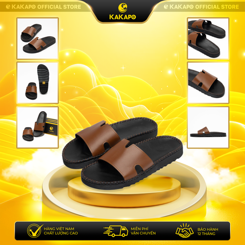 Dép nam quai ngang da bò thật KAKAPO DB004 Quai H Nâu - Hộp đựng cao cấp, Bảo hành 12 tháng