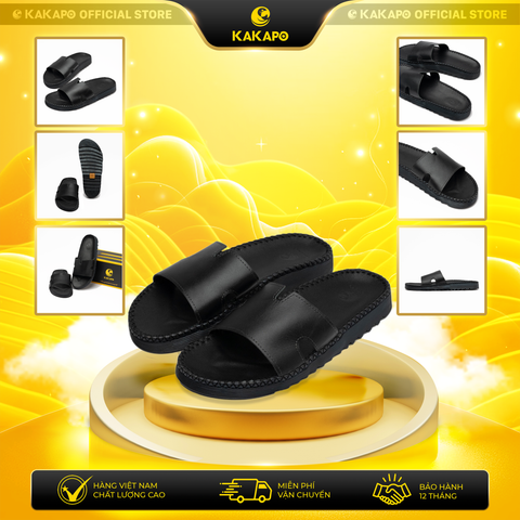Dép nam quai ngang da bò thật KAKAPO DB007 Quai V ĐEN -Chống trơn trượt, Hộp đựng cao cấp, Bảo hành 12 tháng